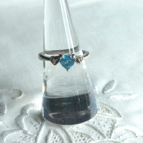 Sterling silver heart-shaped blue topaz with diamond accent ring - Picture 1 of 6